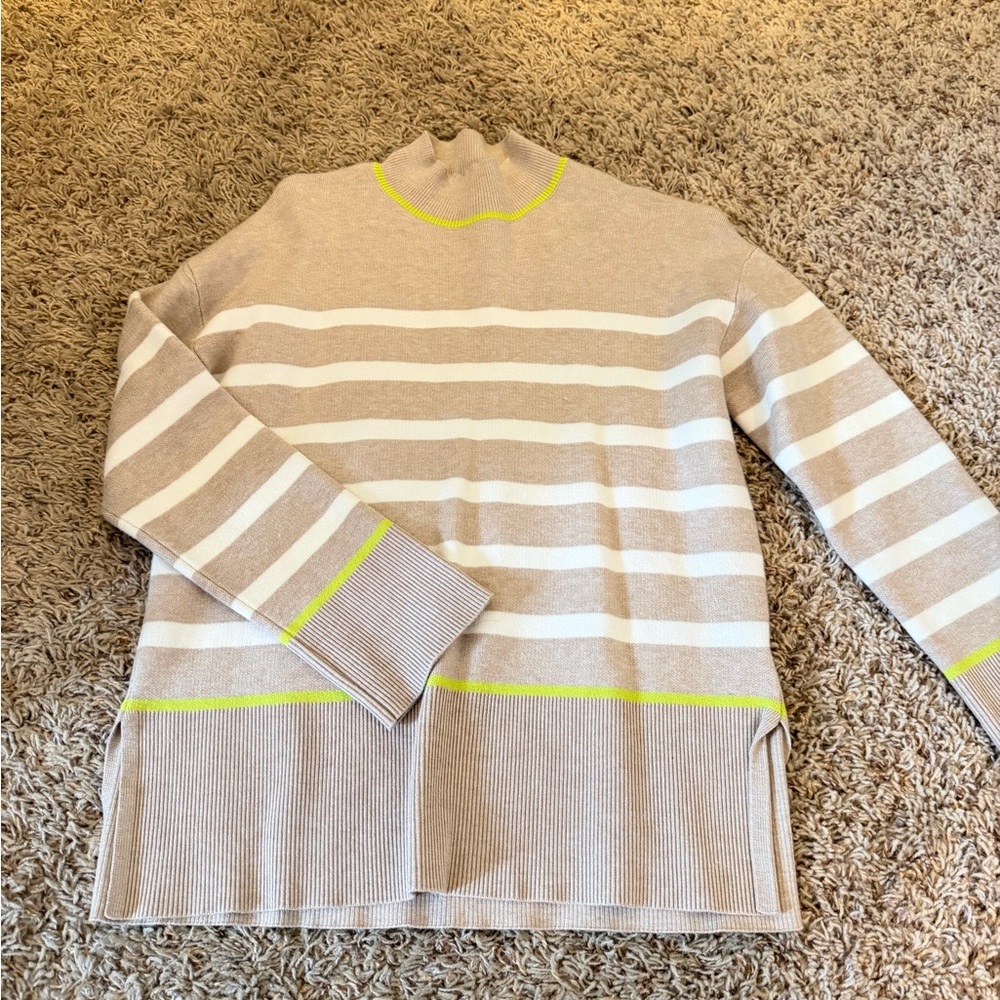 Tahari Beige and White Striped Turtleneck Sweater
